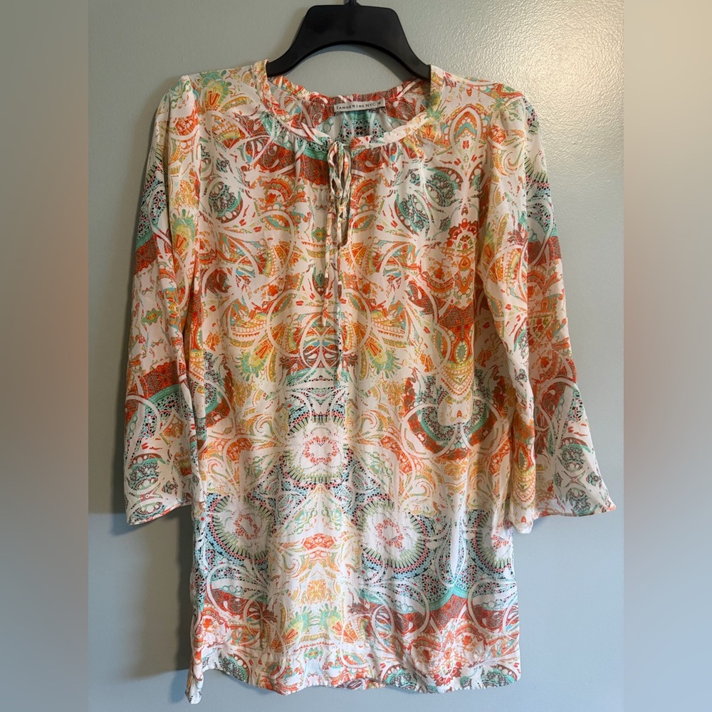 Tangerine Multi-Color Paisley Tie-Neck 100% Silk Tunic 3/4 bell sleeves small